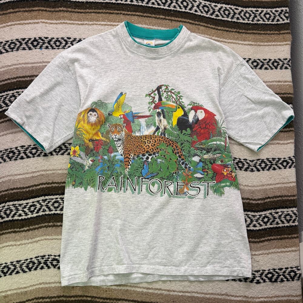 Vintage 90's Rainforest Gray Green Wrap Around Animals Nature Tee Shirt Sz Large